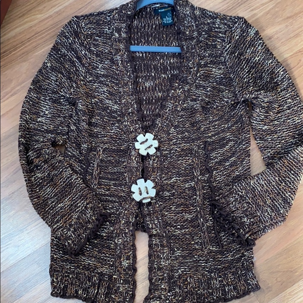BCBGMaxAzria womens brown and gold open weave cardigan sweater, size large